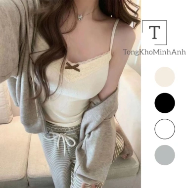 Áo Len 2 Dây Croptop Mút Đệm Cotton Viền Ren Nơ Ngực Ôm Body Quyến Rũ Qccc Tongkhominha
