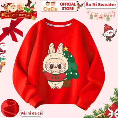 Áo Nỉ Sweater Giáng Sinh Bé Trai & Gái - Labubu Noel CIUCIU KID, Vải Da Cá Ấm, Giá 160k