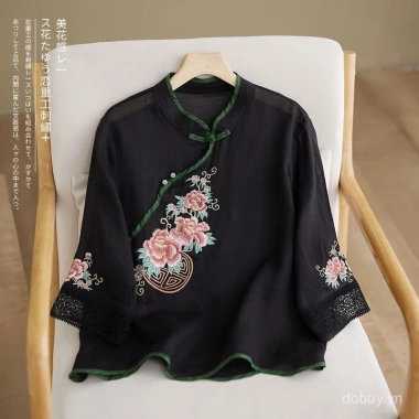 Áo Nữ Retro Vải Lanh Cotton Cổ Thêu Mandarin Nút Áo - Phong Cách Trung Hoa Mùa Hè 2.025 2