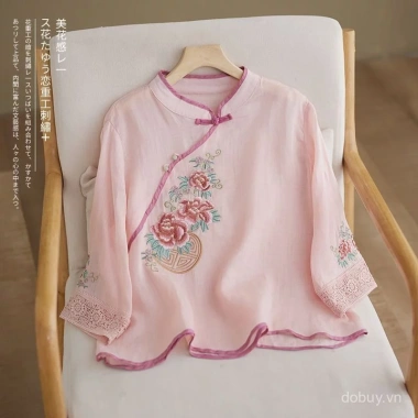 Áo Nữ Retro Vải Lanh Cotton Cổ Thêu Mandarin Nút Áo - Phong Cách Trung Hoa Mùa Hè 2.025 3