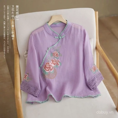 Áo Nữ Retro Vải Lanh Cotton Cổ Thêu Mandarin Nút Áo - Phong Cách Trung Hoa Mùa Hè 2.025 5