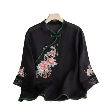Áo Nữ Retro Vải Lanh Cotton Cổ Thêu Mandarin Nút Áo - Phong Cách Trung Hoa Mùa Hè 2.025 6