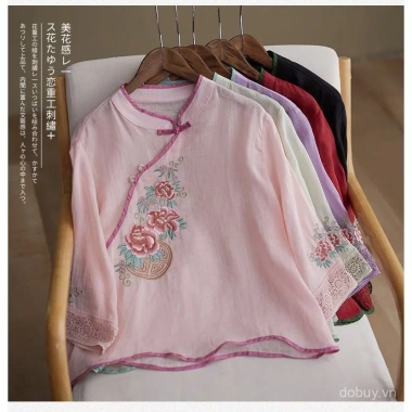 Áo Nữ Retro Vải Lanh Cotton Cổ Thêu Mandarin Nút Áo - Phong Cách Trung Hoa Mùa Hè 2.025 9