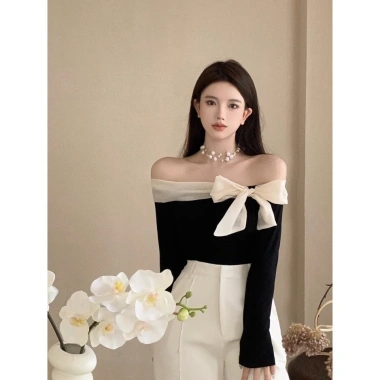 Áo nữ trễ vai ôm body phối nơ trắng thiết kế thu đông HHQC SP195 giá ưu đãi 139k 7