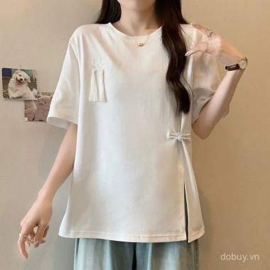 Áo phông ngắn tay cúc Tua Rua phong cách Trung Quốc mẫu mới mùa hè cỡ lớn tôn dáng gầy 6 Áo phông ngắn tay cúc Tua Rua phong cách Trung Quốc mẫu mới mùa hè cỡ lớn tôn dáng gầy 6