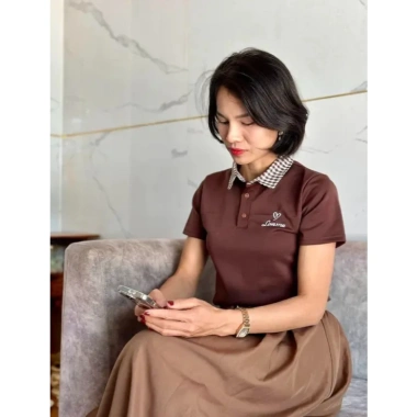 Áo Polo Nữ Nâu Cổ Caro Thanh Lịch, Dễ Mặc, Size 40-63kg - Giá 120.900₫