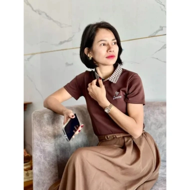 Áo Polo Nữ Nâu Cổ Caro Thanh Lịch, Dễ Mặc, Size 40-63kg - Giá 120.900₫
