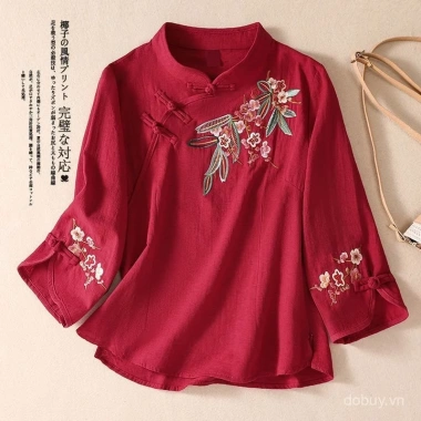 Áo sơ mi cổ đứng phong cách dân tộc Trung Quốc, thêu tay, vải lanh cotton - Giá 648.950₫