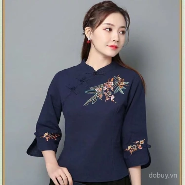 Áo sơ mi cổ đứng phong cách dân tộc Trung Quốc, thêu tay, vải lanh cotton - Giá 648.950₫