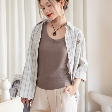 Áo sơ mi kẻ đũi cotton Vintage, thêu logo - giảm giá 160k từ ufo.thebasic