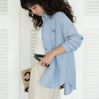 Áo sơ mi kẻ đũi cotton Vintage, thêu logo - giảm giá 160k từ ufo.thebasic