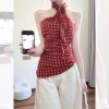 Áo sơ mi không tay voan hoa hồng đỏ, dây cổ kiểu trà phong cách mùa hè - giảm giá 22% chỉ 203.419₫ 2