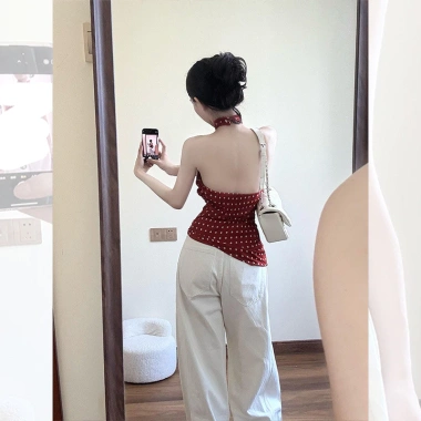 Áo sơ mi không tay voan hoa hồng đỏ, dây cổ kiểu trà phong cách mùa hè - giảm giá 22% chỉ 203.419₫