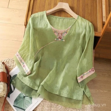 Áo sơ mi mỏng retro Trung Hoa mùa Hè 2.025 - Vải cotton jacquard thoáng mát