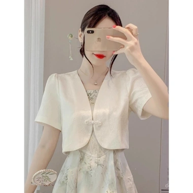 Áo sơ mi nữ hè tay ngắn chống nắng, jacquard mỏng Trung Hoa, phù hợp áo choàng