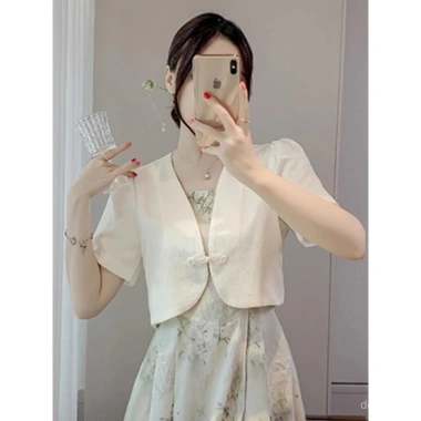 Áo sơ mi nữ hè tay ngắn chống nắng, jacquard mỏng Trung Hoa, phù hợp áo choàng