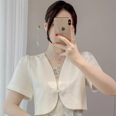 Áo sơ mi nữ hè tay ngắn chống nắng, jacquard mỏng Trung Hoa, phù hợp áo choàng