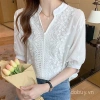 Áo sơ mi nữ mùa hè 2.025 cotton thêu rỗng đứng cổ, dài 9 inch, thời trang 2