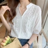 Áo sơ mi nữ mùa hè 2.025 cotton thêu rỗng đứng cổ, dài 9 inch, thời trang 3