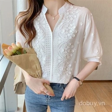 Áo sơ mi nữ mùa hè 2.025 cotton thêu rỗng đứng cổ, dài 9 inch, thời trang 4 Áo sơ mi nữ mùa hè 2.025 cotton thêu rỗng đứng cổ, dài 9 inch, thời trang 4