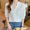Áo sơ mi nữ mùa hè 2.025 cotton thêu rỗng đứng cổ, dài 9 inch, thời trang 5