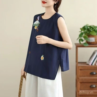 Áo sơ mi nữ mùa hè 2.025 vải lanh cotton thêu tinh tế phong cách Trung Hoa thời thượng - Giá chỉ 247.332₫