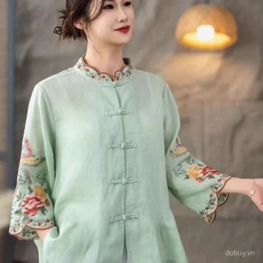 Áo Sơ Mi Nữ Thêu Trung Hoa Mùa Hè 2.025 - Lá Sen Retro, Vải Lanh Cotton, Giá 250k 3