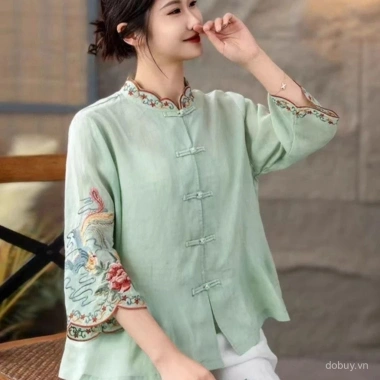 Áo Sơ Mi Nữ Thêu Trung Hoa Mùa Hè 2.025 - Lá Sen Retro, Vải Lanh Cotton, Giá 250k 7