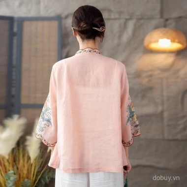 Áo Sơ Mi Nữ Thêu Trung Hoa Mùa Hè 2.025 - Lá Sen Retro, Vải Lanh Cotton, Giá 250k 9