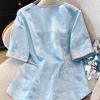Áo sơ mi satin jacquard thêu phong cách Trung Hoa, cổ tròn tay ngắn mùa hè 2.025 giảm giá 370k 4