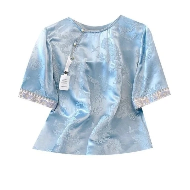 Áo sơ mi satin jacquard thêu phong cách Trung Hoa, cổ tròn tay ngắn mùa hè 2.025 giảm giá 370k