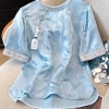 Áo sơ mi satin jacquard thêu phong cách Trung Hoa, cổ tròn tay ngắn mùa hè 2.025 giảm giá 370k 6