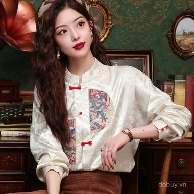 Áo sơ mi Trung Hoa 2.025 Satin Jacquard Slim Fit, cổ ếch, nút đứng - Giảm 20%