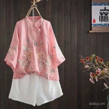 Áo sơ mi vải lanh cotton phong cách Trung Quốc, thêu lớn, cổ đứng, tay 3/4, nếp gấp, nút ếch - Giá chỉ 303.507₫ 2