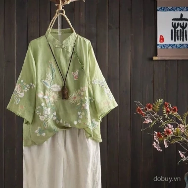 Áo sơ mi vải lanh cotton phong cách Trung Quốc, thêu lớn, cổ đứng, tay 3/4, nếp gấp, nút ếch - Giá chỉ 303.507₫ 3