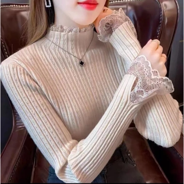 Áo sweater Dệt Kim Cổ Lọ Phối Ren 5 Màu Tùy Chọn Thời Trang Cho Nữ 2