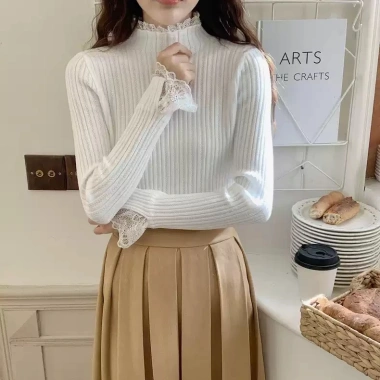 Áo sweater Dệt Kim Cổ Lọ Phối Ren 5 Màu Tùy Chọn Thời Trang Cho Nữ 3