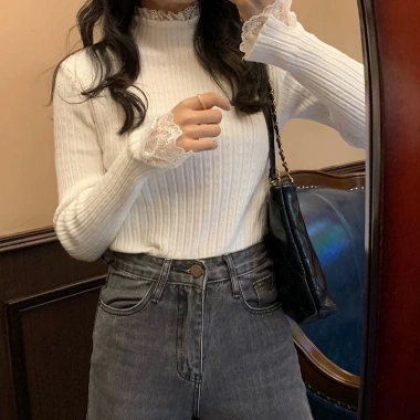 Áo sweater Dệt Kim Cổ Lọ Phối Ren 5 Màu Tùy Chọn Thời Trang Cho Nữ 5