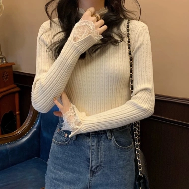 Áo sweater Dệt Kim Cổ Lọ Phối Ren 5 Màu Tùy Chọn Thời Trang Cho Nữ 6