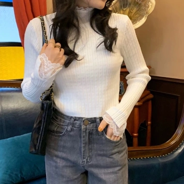 Áo sweater Dệt Kim Cổ Lọ Phối Ren 5 Màu Tùy Chọn Thời Trang Cho Nữ 7