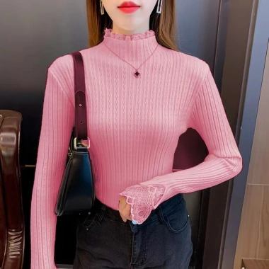 Áo sweater Dệt Kim Cổ Lọ Phối Ren 5 Màu Tùy Chọn Thời Trang Cho Nữ 9