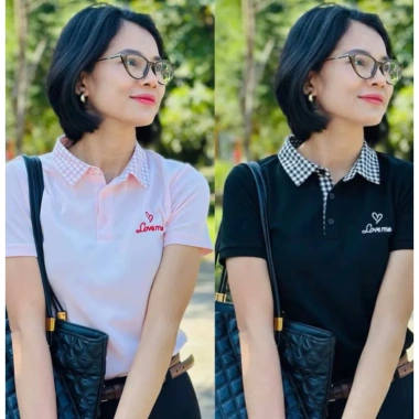Áo thun nữ cổ bẻ caro Love Me dễ thương – Giá chỉ 89.000, khuyến mãi đặc biệt