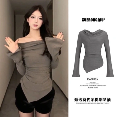 Áo trễ vai thu đông nữ họa tiết trơn nhún eo ôm body HHQC SP193 129k