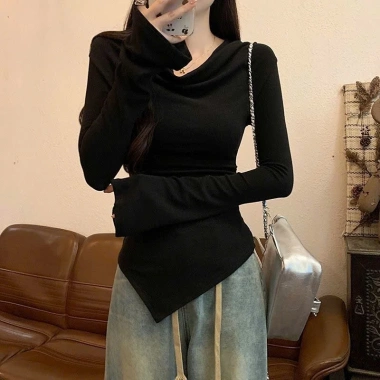 Áo trễ vai thu đông nữ họa tiết trơn nhún eo ôm body HHQC SP193 129k