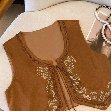 Áo vest da lộn cổ điển thêu tay phong cách dân tộc, mix váy và áo khoác bohemian, giảm giá 282.979₫
