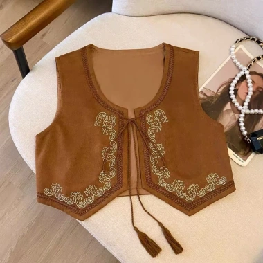 Áo vest da lộn cổ điển thêu tay phong cách dân tộc, mix váy và áo khoác bohemian, giảm giá 282.979₫