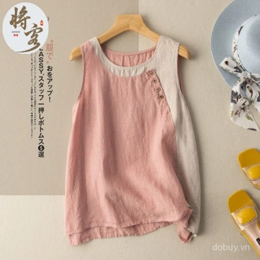 Áo vest mùa hè 2.025 cotton lanh nhẹ nhàng, màu retro, nút nghệ thuật - 207.878 VND 2