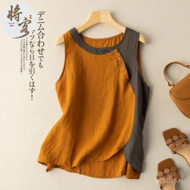 Áo vest mùa hè 2.025 cotton lanh nhẹ nhàng, màu retro, nút nghệ thuật - 207.878 VND 3