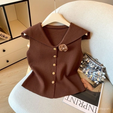 Áovest không cánh mùa hè màu hải quân, cổ sweetheart, họa tiết 3D thanh lịch, giảm giá 17% chỉ 231.310 VNĐ 3