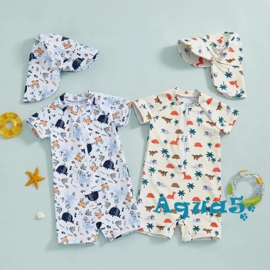 Aqua-2 Rash Guard Bé Trai 2 Chiếc Đồ Bơi In Động Vật, Tay Ngắn, Dây Kéo, Có Mũ Bơi - Giảm 23%